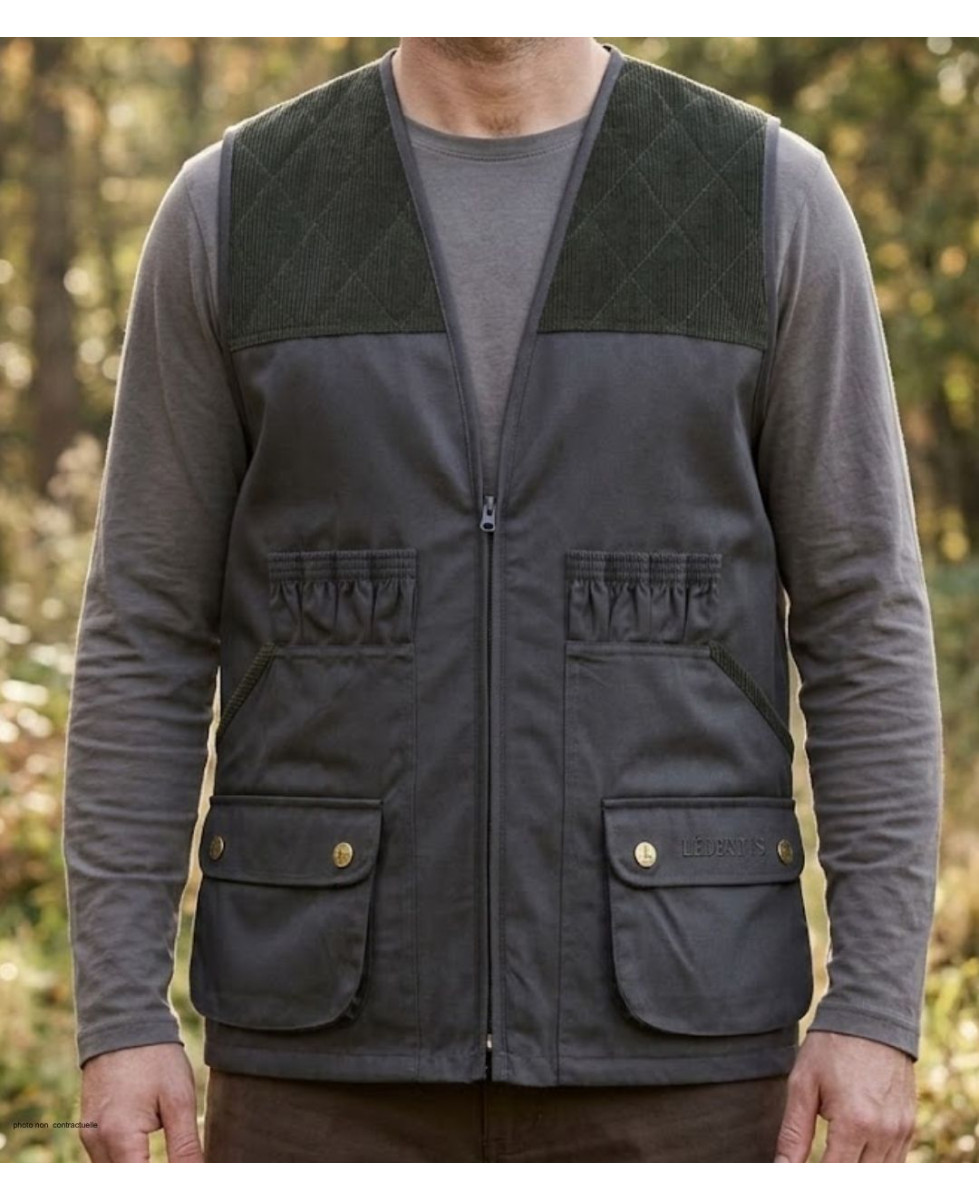 Gilet de chasse sans manches kaki LEDERTYS Classic LY0200 avec renforts en velours aux épaules et poches à rabat