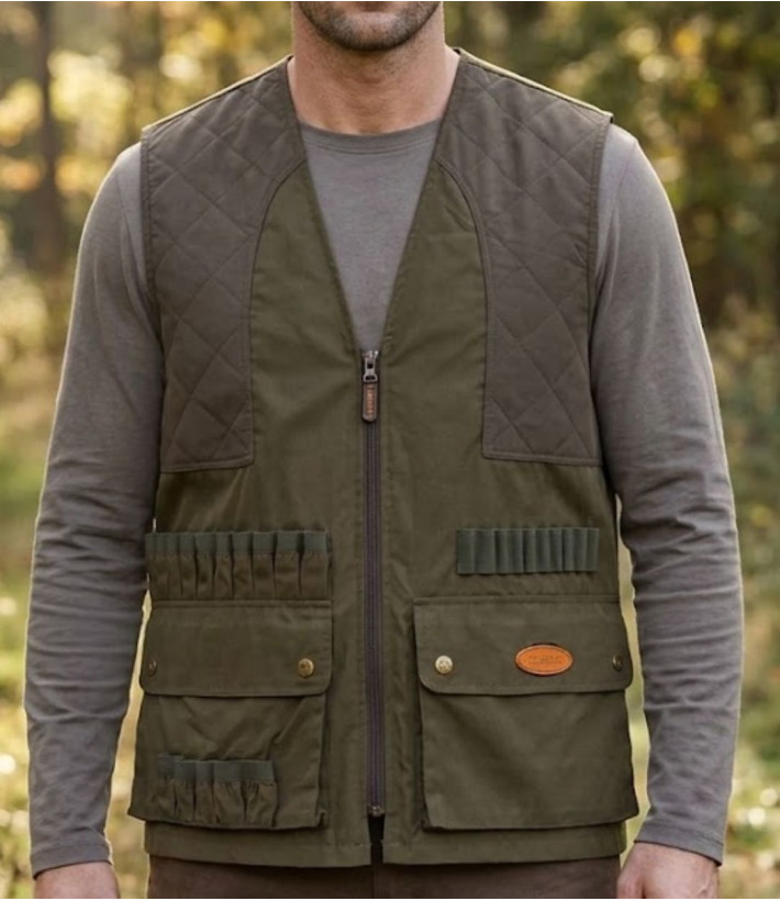 Gilet traqueur sans manches kaki LEDERTYS LY0208 bi-matière avec renforts aux épaules et cartouchière