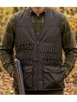 Gilet de chasse sans manches kaki LEDERTYS Impercoat LY0209 avec cartouchière et carnier détachable