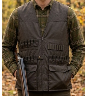 Gilet de chasse sans manches kaki LEDERTYS Impercoat LY0209 avec cartouchière et carnier détachable