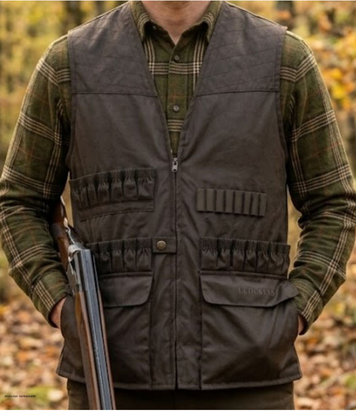 Gilet de chasse sans manches kaki LEDERTYS Impercoat LY0209 avec cartouchière et carnier détachable