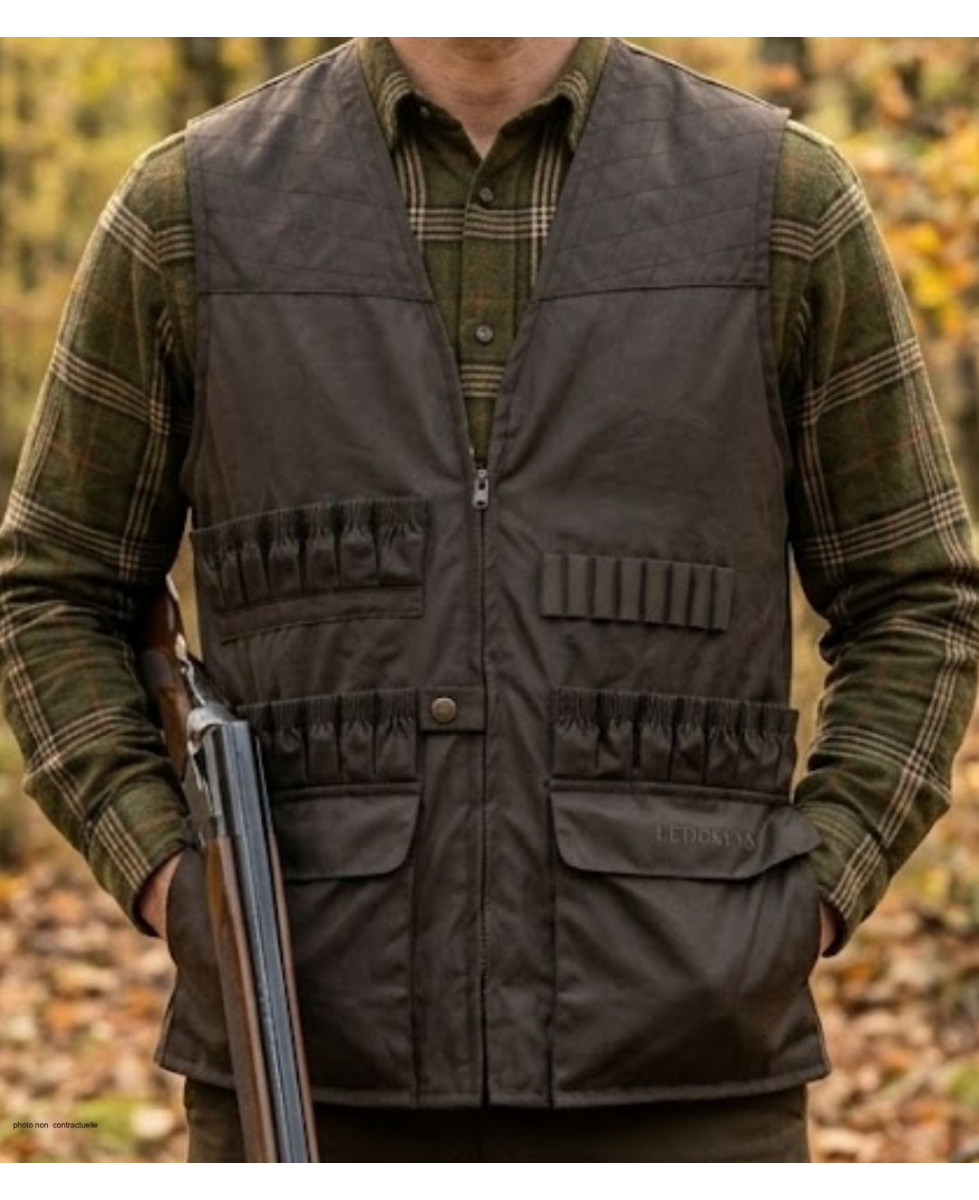 Gilet de chasse sans manches kaki LEDERTYS Impercoat LY0209 avec cartouchière et carnier détachable