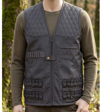 Gilet de chasse sans manches kaki LEDERTYS Spécial Munitions LY0204 avec cartouchière et renforts matelassés aux épaules