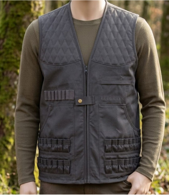 Gilet de chasse sans manches kaki LEDERTYS Spécial Munitions LY0204 avec cartouchière et renforts matelassés aux épaules