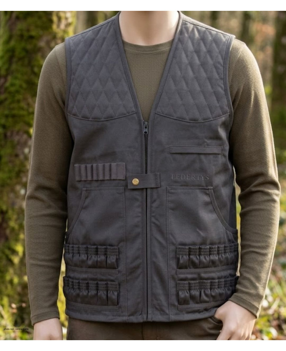 Gilet de chasse sans manches kaki LEDERTYS Spécial Munitions LY0204 avec cartouchière et renforts matelassés aux épaules