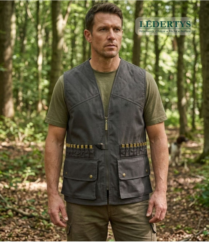 LEDERTYS LY0207 — Gilet de chasse vert à cartouchière