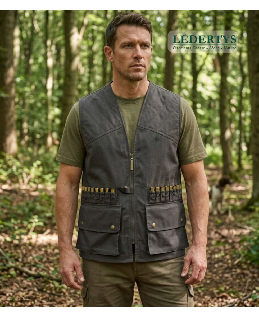 LEDERTYS LY0207 — Gilet de chasse vert à cartouchière