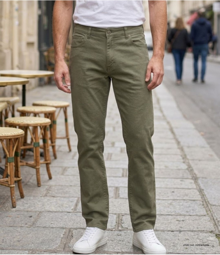 Jean 5 poches homme vert kaki terre en coton stretch Challenger M759 coupe droite