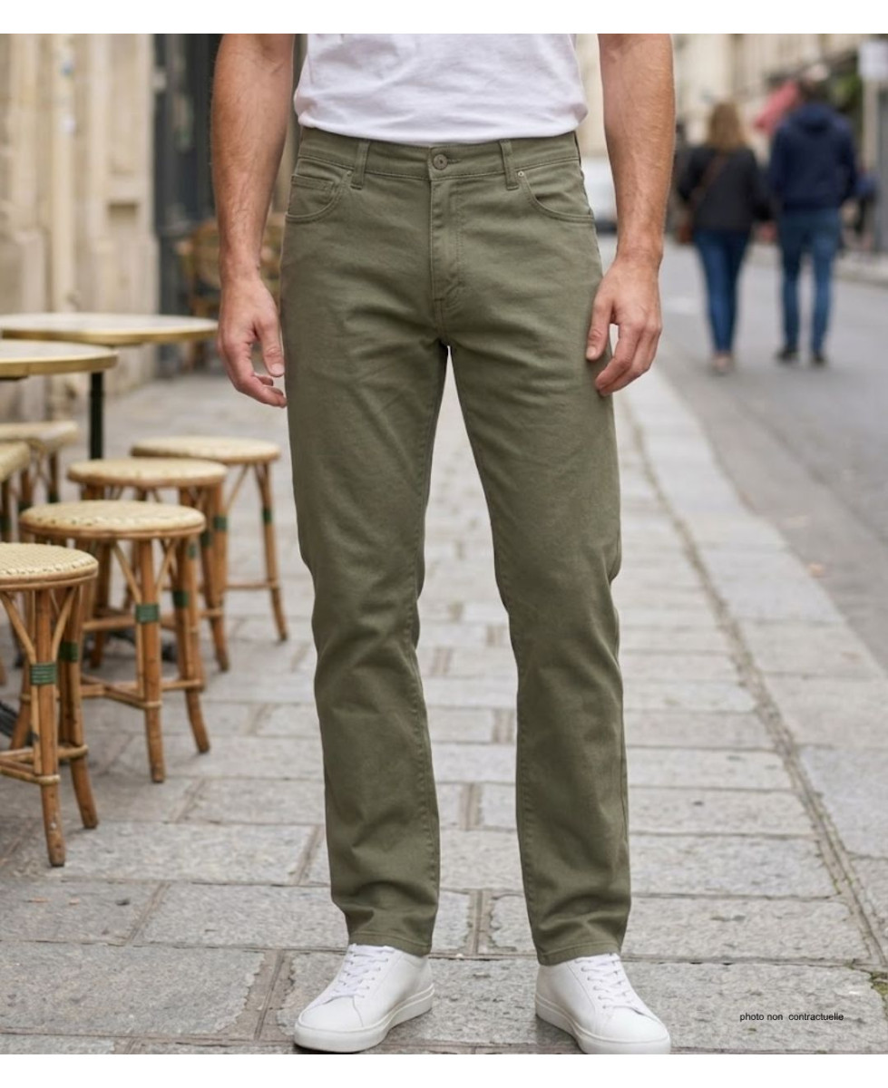 Jean 5 poches homme vert kaki terre en coton stretch Challenger M759 coupe droite