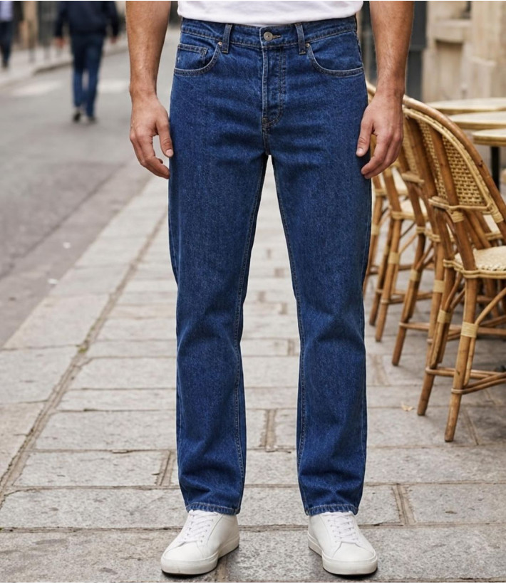 Jean 5 poches homme bleu denim stone en coton stretch Challenger M759 coupe droite