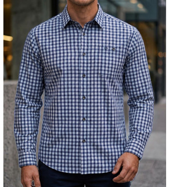 Chemise manches longues à carreaux bleu 100% coton CHALLENGER TRATTORIA1