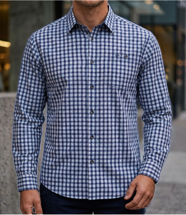 Chemise manches longues à carreaux bleu 100% coton CHALLENGER TRATTORIA1