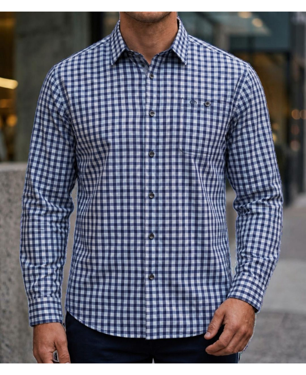Chemise manches longues à carreaux bleu 100% coton CHALLENGER TRATTORIA1