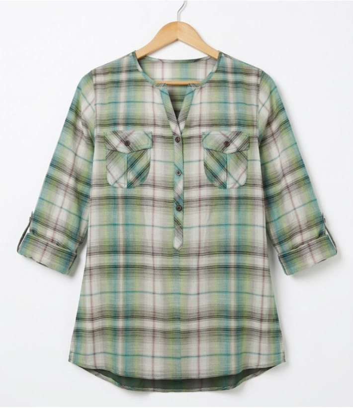 Chemisier liquette coton bleu/vert – Manches 3/4, boutons bois