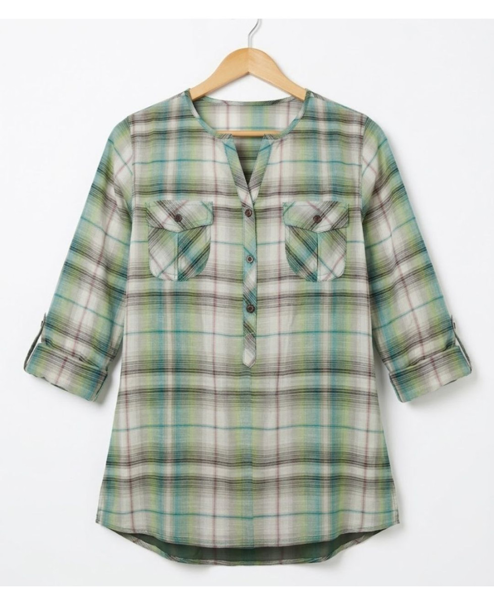Chemisier liquette coton bleu/vert – Manches 3/4, boutons bois