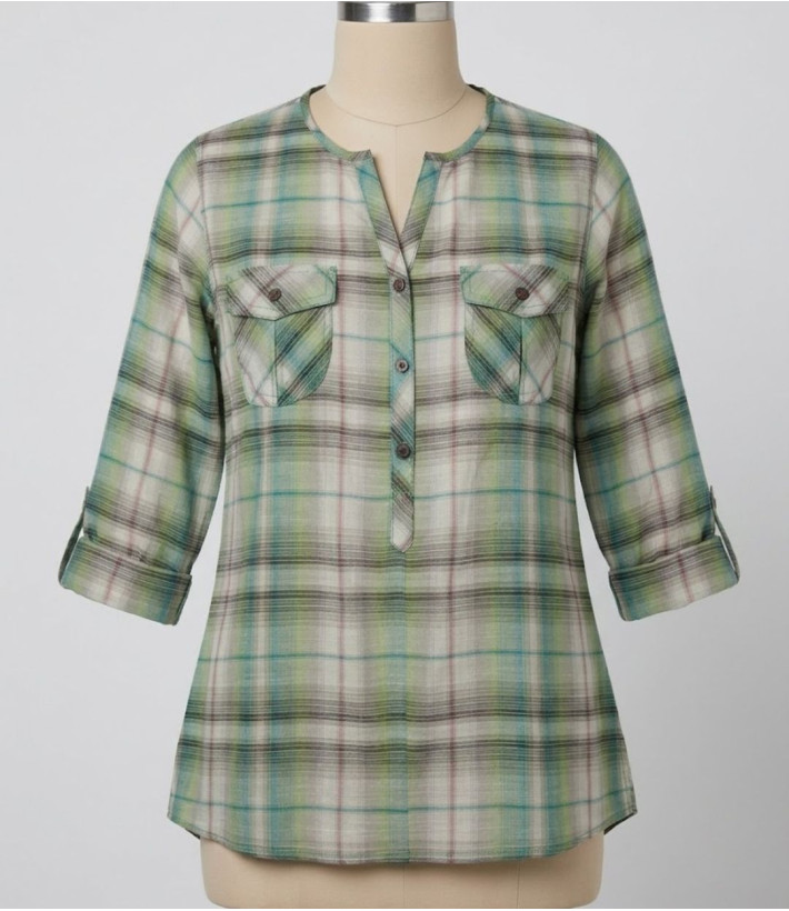 Chemisier liquette coton bleu/vert – Manches 3/4, boutons bois