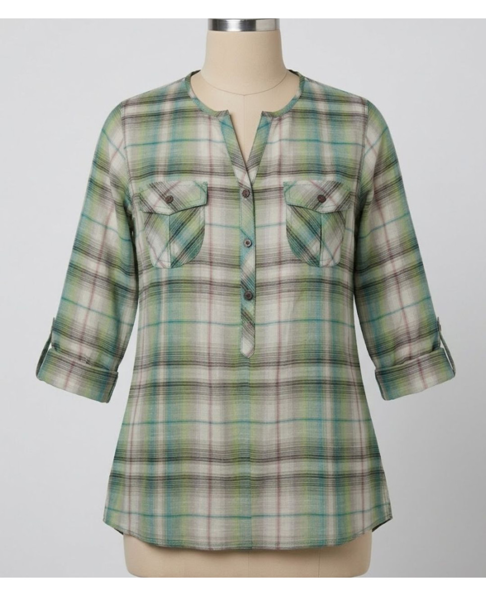 Chemisier liquette coton bleu/vert – Manches 3/4, boutons bois