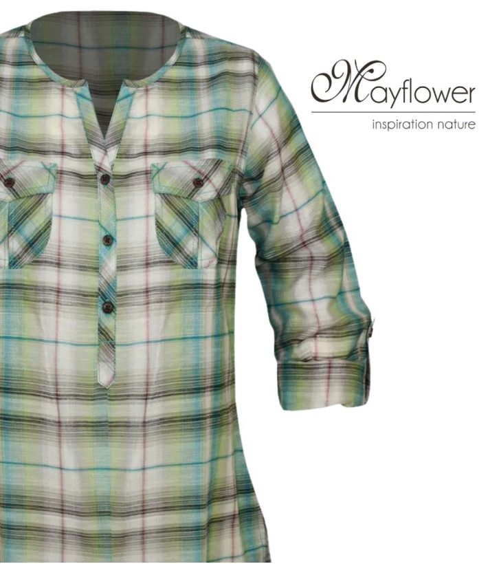 Chemisier liquette coton bleu/vert – Manches 3/4, boutons bois