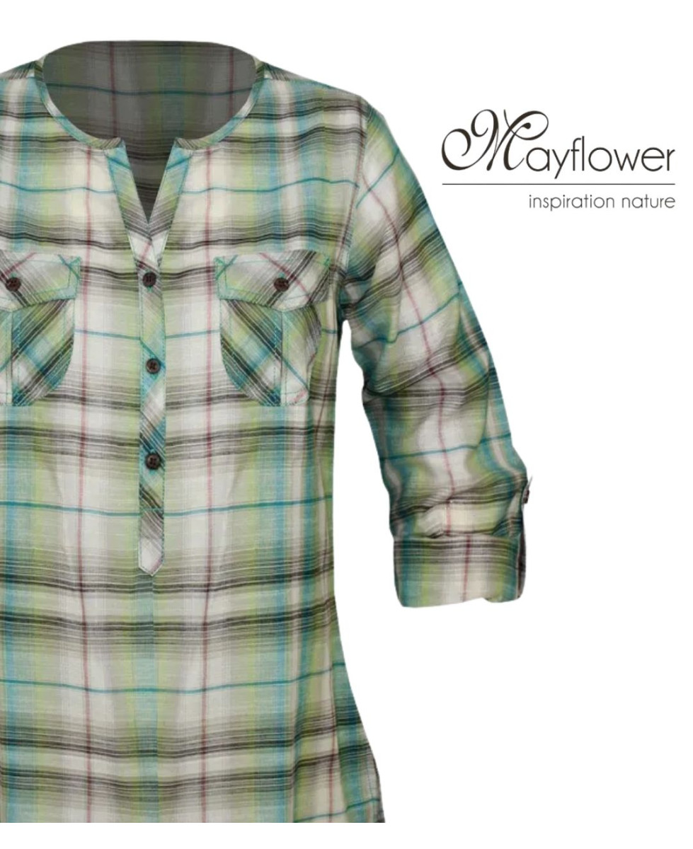 Chemisier liquette coton bleu/vert – Manches 3/4, boutons bois