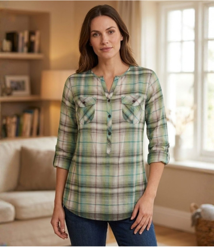 Chemisier liquette coton bleu/vert – Manches 3/4, boutons bois