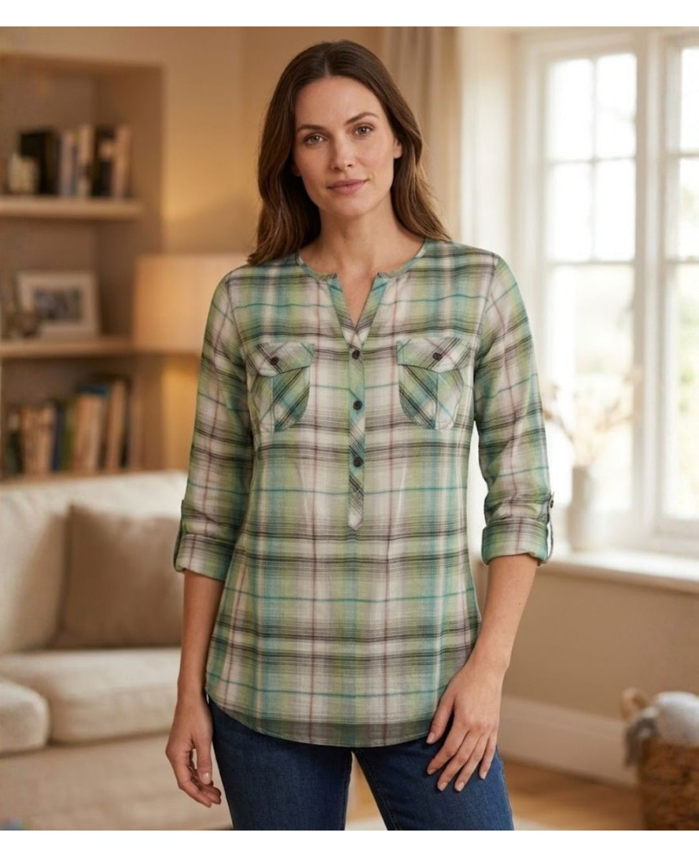 Chemisier liquette coton bleu/vert – Manches 3/4, boutons bois