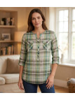 Chemisier liquette coton bleu/vert – Manches 3/4, boutons bois