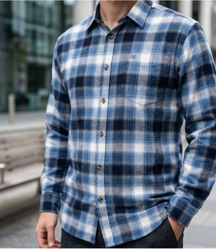 Challenger BOB Chemise manches longues flanelle carreaux bleu et blanc