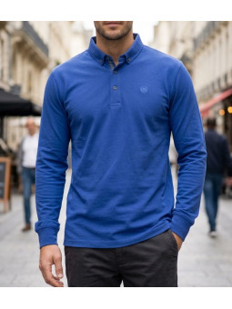Challenger NATHAN1 Polo manches longues bleu en coton piqué
