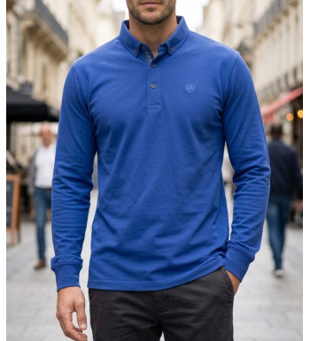 Challenger NATHAN1 Polo manches longues bleu en coton piqué