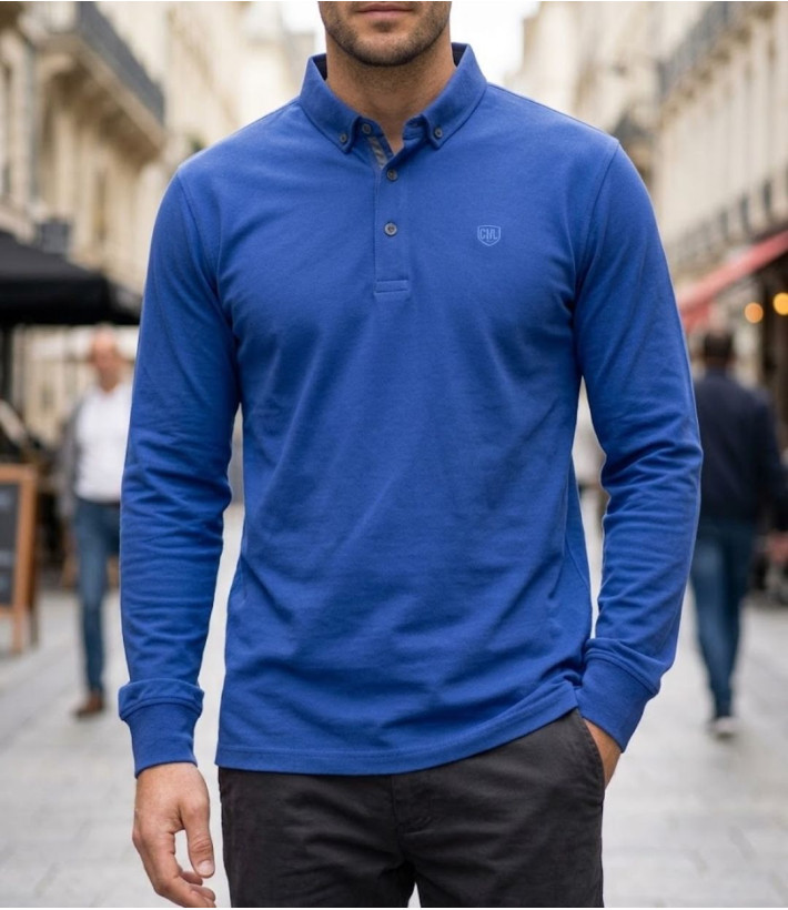 Challenger NATHAN1 Polo manches longues bleu en coton piqué