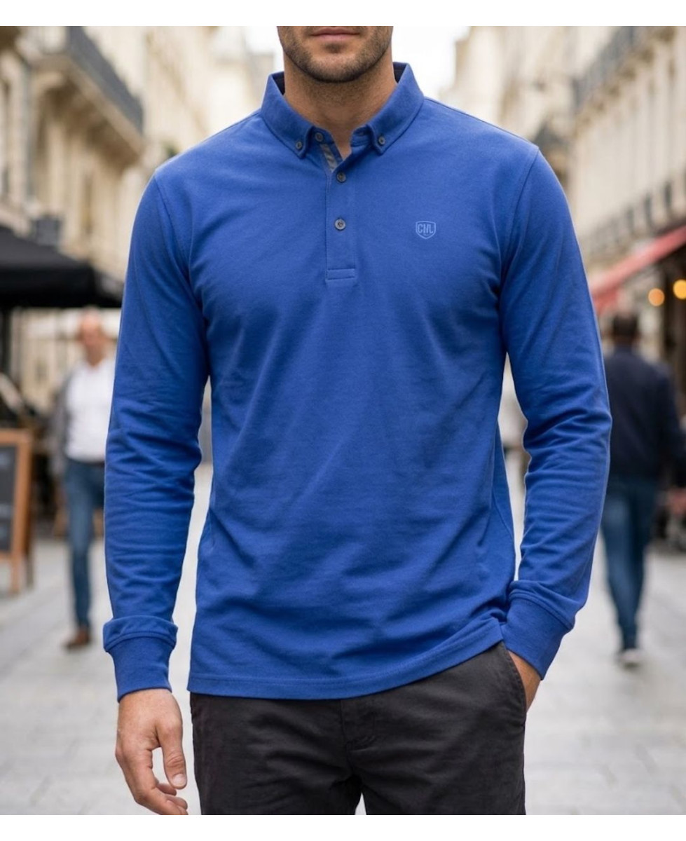 Challenger NATHAN1 Polo manches longues bleu en coton piqué