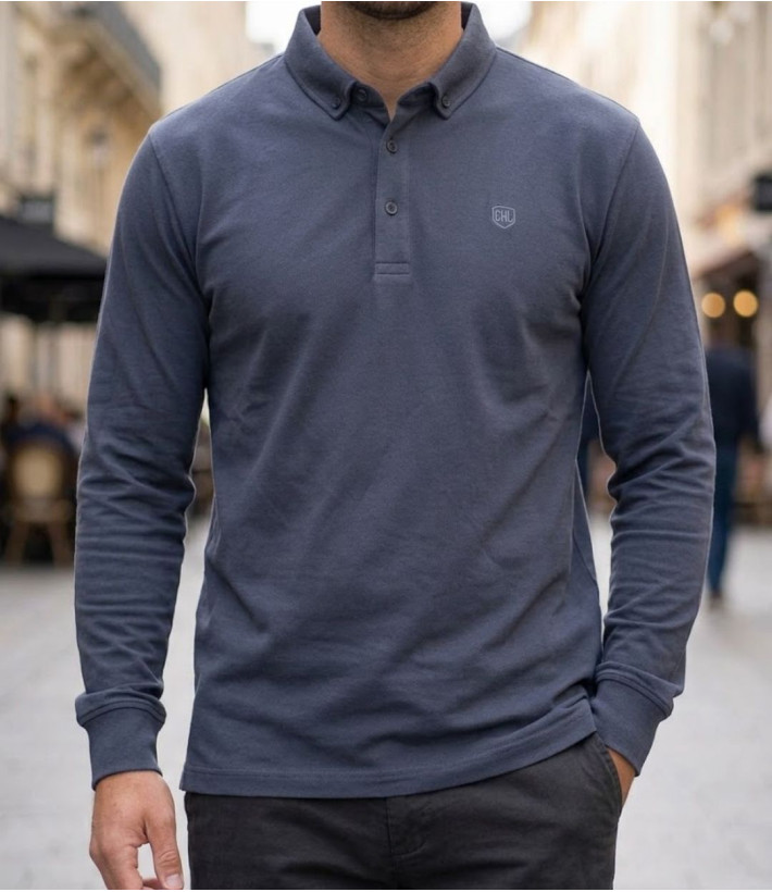 Challenger NATHAN2 Polo manches longues gris en coton piqué