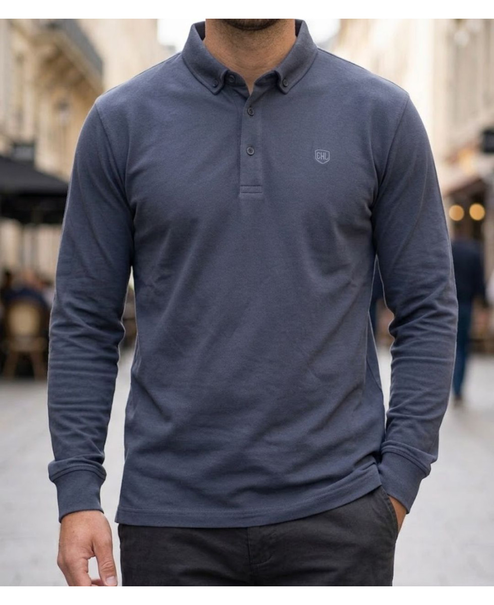 Challenger NATHAN2 Polo manches longues gris en coton piqué