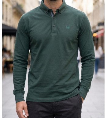 Challenger NATHAN3 Polo manches longues vert foncé en coton piqué