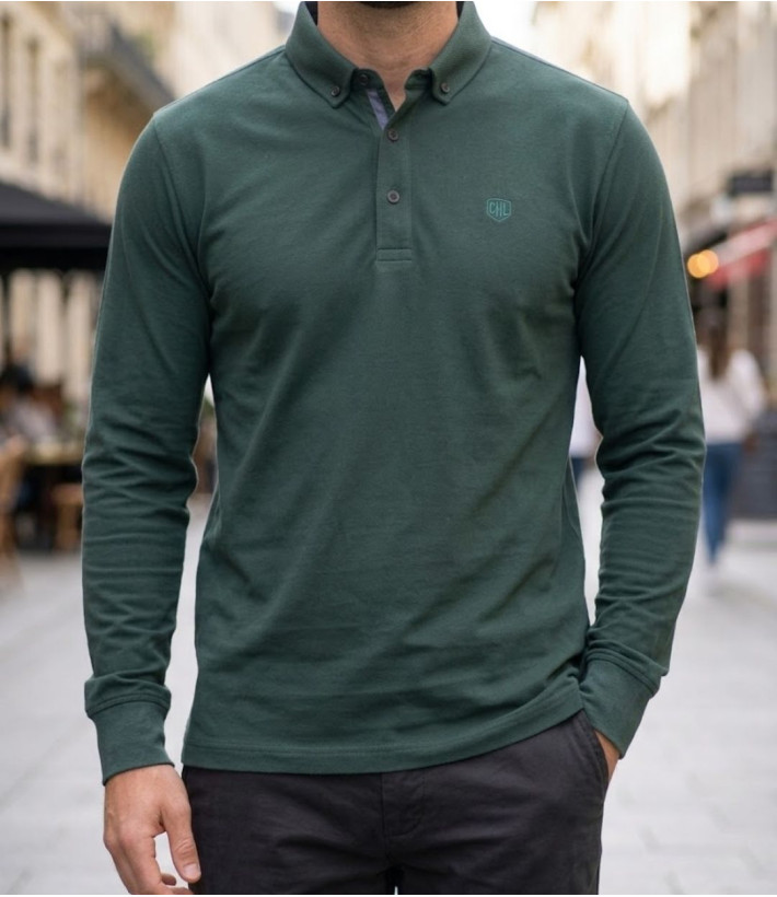 Challenger NATHAN3 Polo manches longues vert foncé en coton piqué