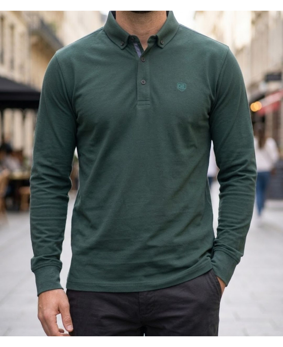 Challenger NATHAN3 Polo manches longues vert foncé en coton piqué