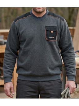 Sweat homme col V TERRATREND 3815GN gris détails noir et orange