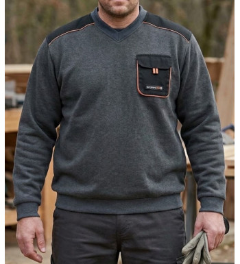 Sweat homme col V TERRATREND 3815GN gris détails noir et orange