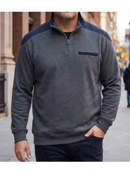 Sweat homme col camionneur CHALLENGER BELFAST1 gris renforts épaules