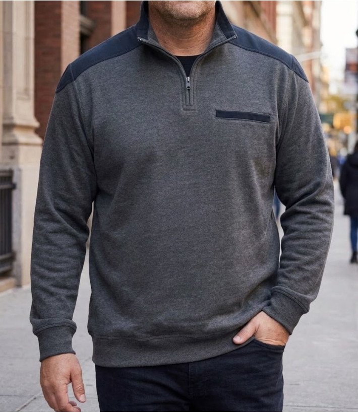 Sweat homme col camionneur CHALLENGER BELFAST1 gris renforts épaules
