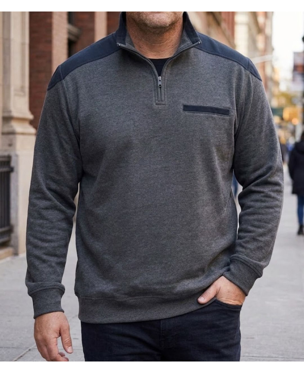 Sweat homme col camionneur CHALLENGER BELFAST1 gris renforts épaules