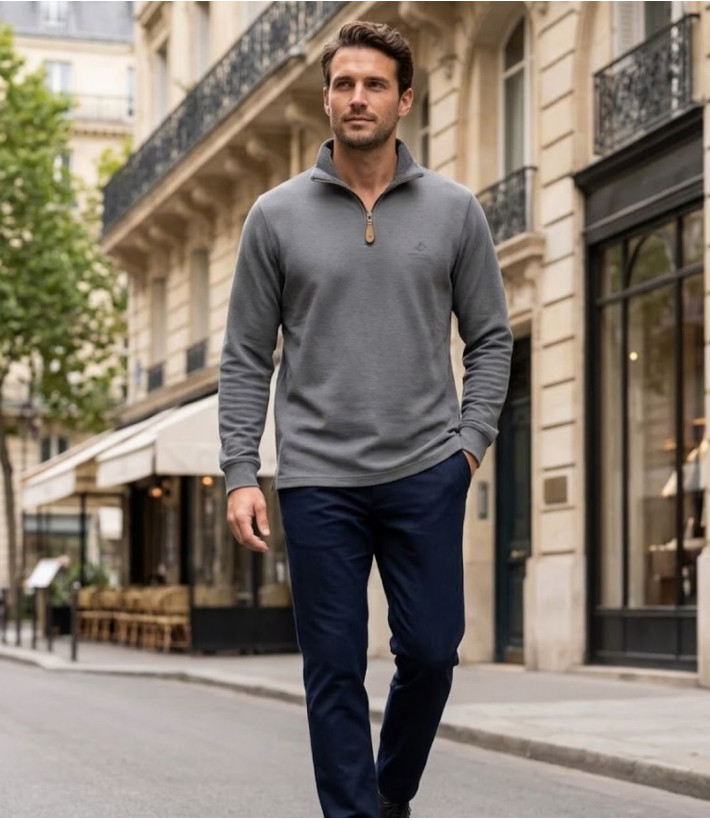 WINCHESTER CAMPO2G — Sweat gris 100 % coton et col zippé