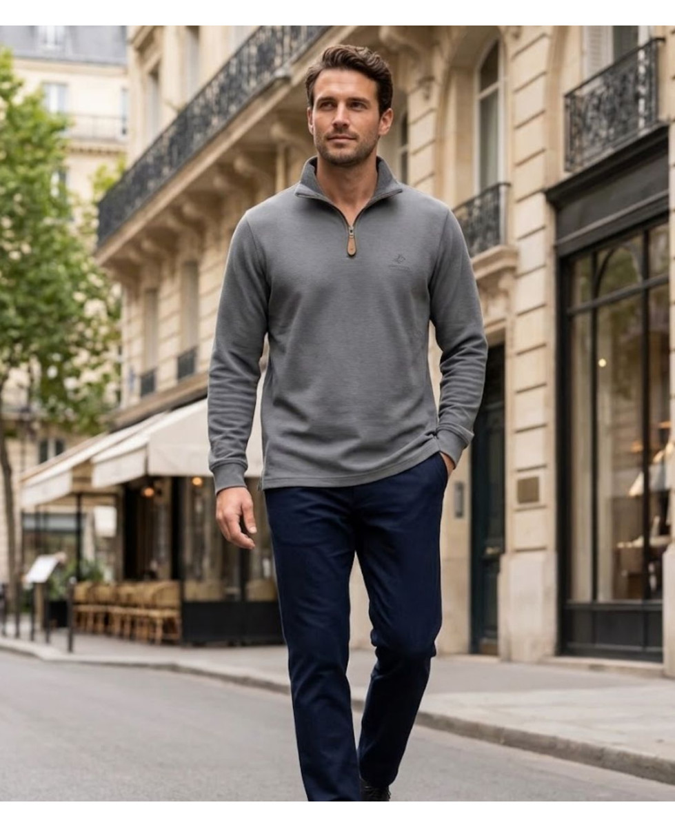 WINCHESTER CAMPO2G — Sweat gris 100 % coton et col zippé