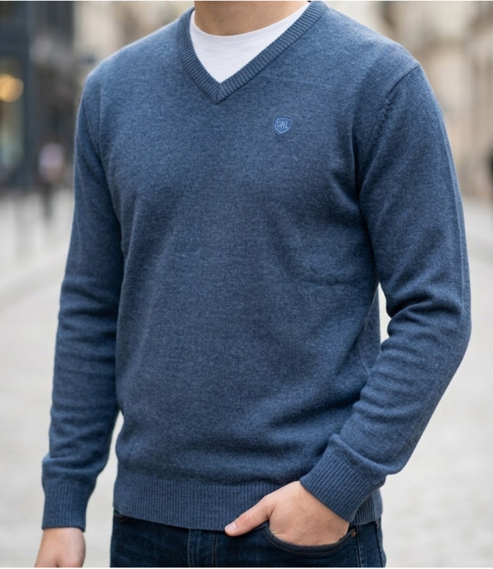 CHALLENGER PINSON1 pull uni col V bleu marine homme