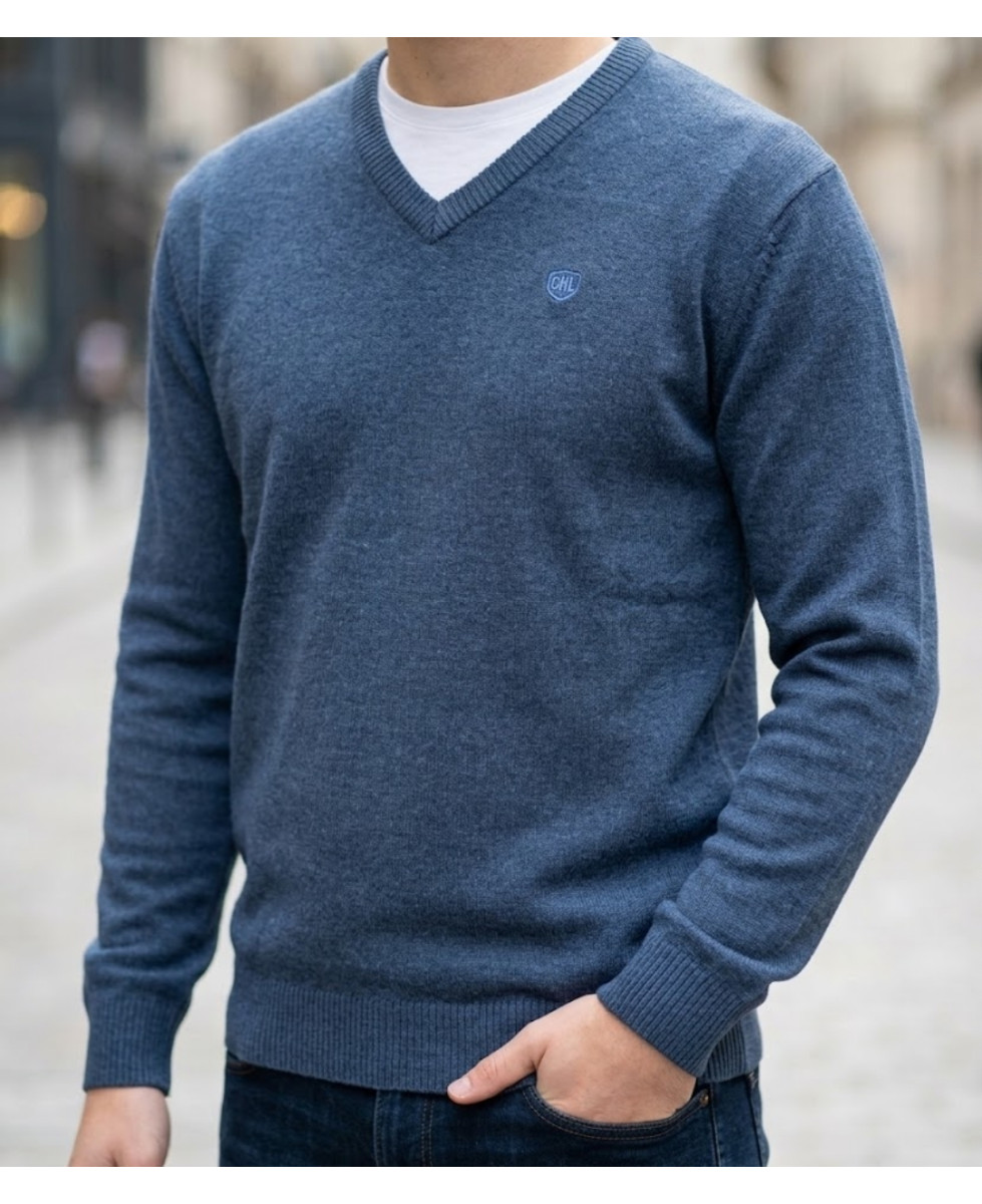 CHALLENGER PINSON1 pull uni col V bleu marine homme