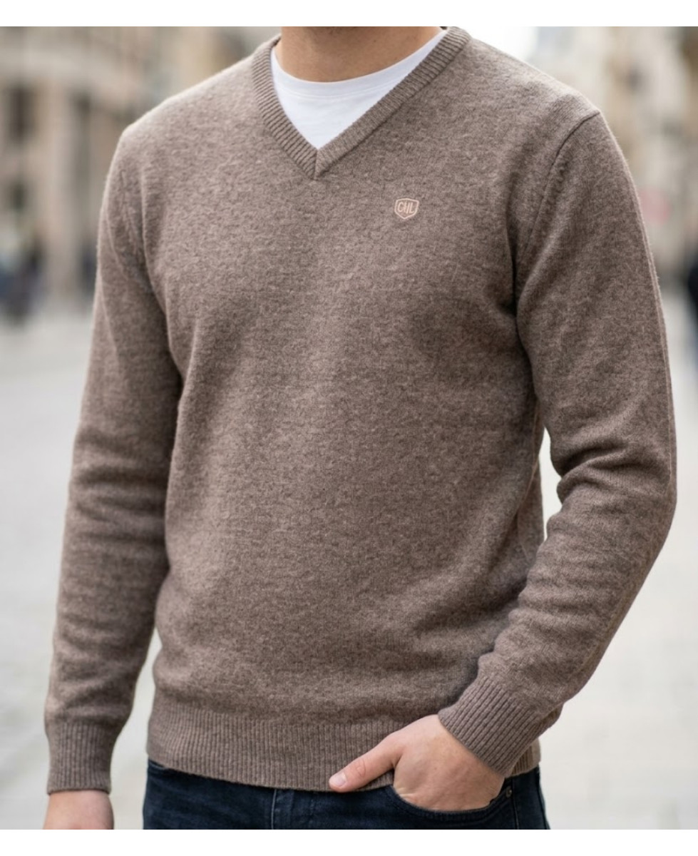 CHALLENGER PINSON4 pull uni col V taupe homme