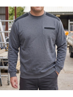 Sweat homme col rond CHALLENGER PARFAIT1 molleton gris chiné 320g renforts épaules twill