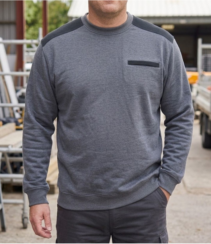 Sweat homme col rond CHALLENGER PARFAIT1 molleton gris chiné 320g renforts épaules twill
