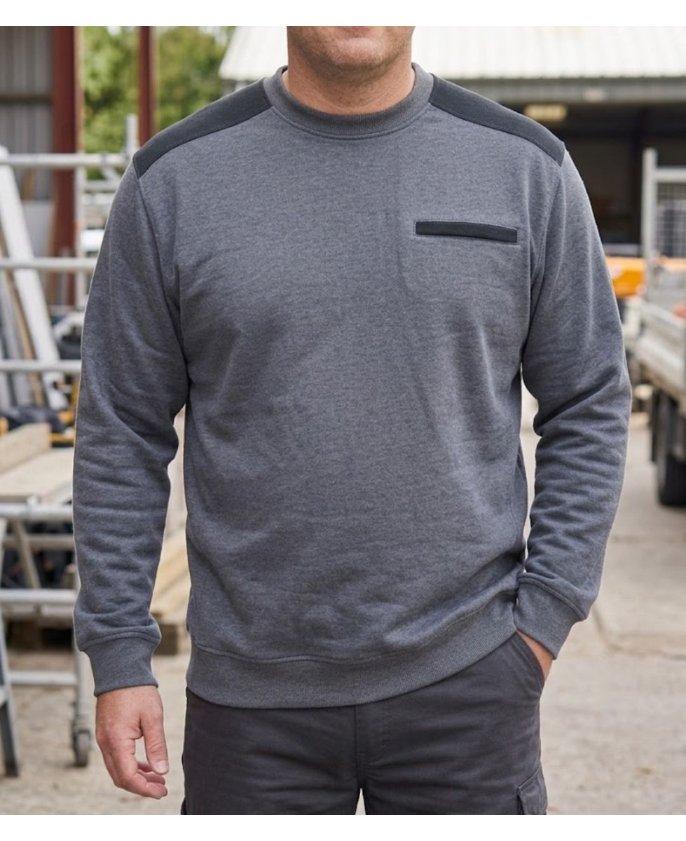 Sweat homme col rond CHALLENGER PARFAIT1 molleton gris chiné 320g renforts épaules twill