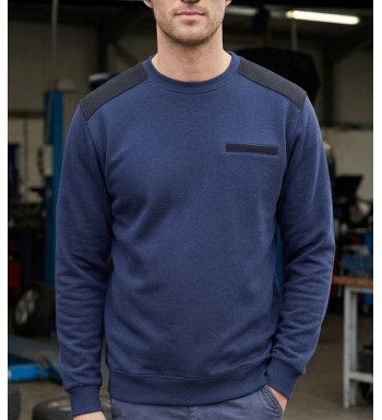 Sweat homme col rond CHALLENGER PARFAIT2 molleton bleu 320g renforts épaules twill